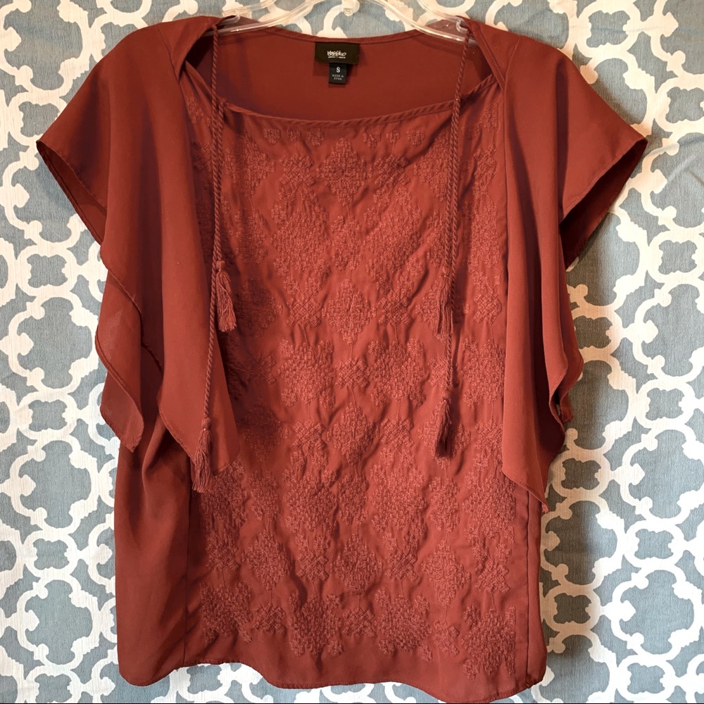 💜3/$9 Autumn Burnt Orange Embroidered Top with Flutter Sleeves